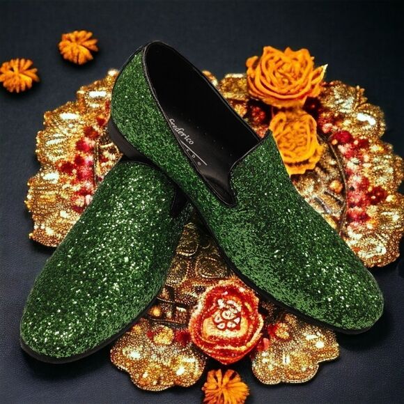 MEN\'S FREDERICO LEONE GREEN SPARKLE TUXEDO SHOE. FS366.
